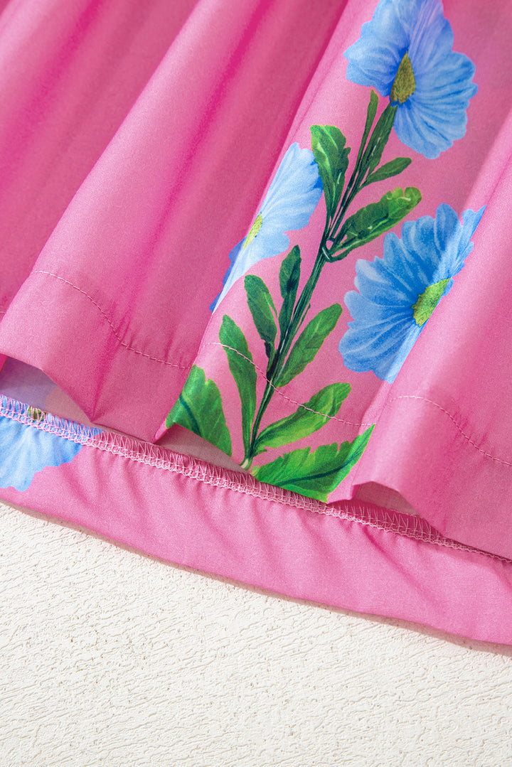 Floral Short Sleeve Split Neck Loose Mini Dress