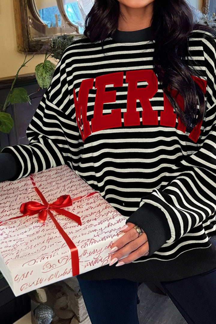 Black Stripe Contrast MERRY Letter Christmas Print Drop Shoulder Sweatshirt