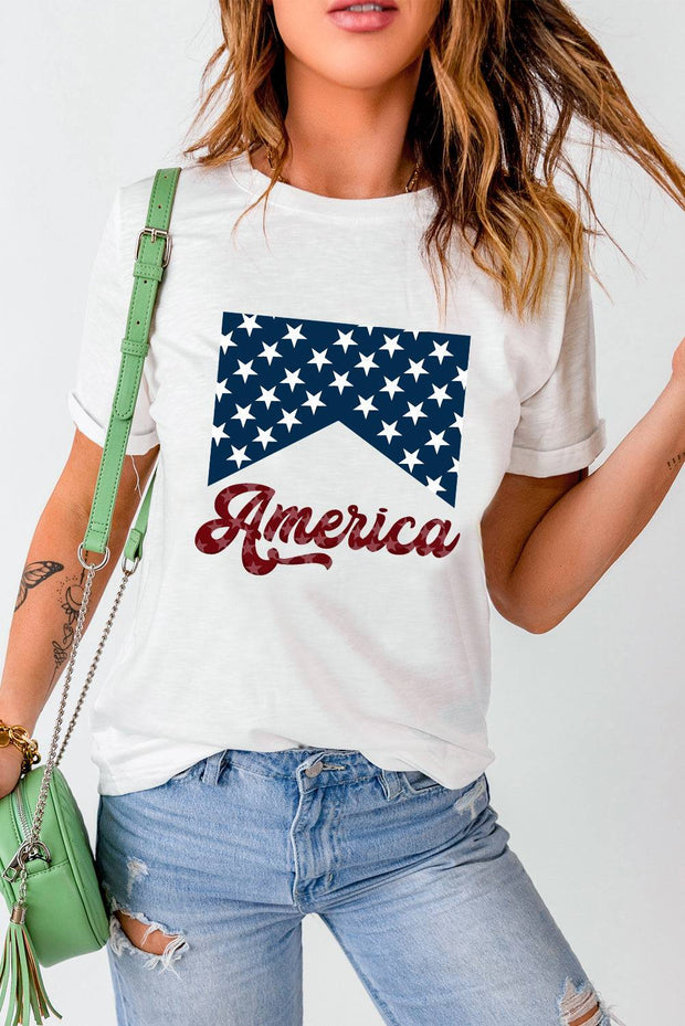 a woman wearing a t - shirt with the american flag on it