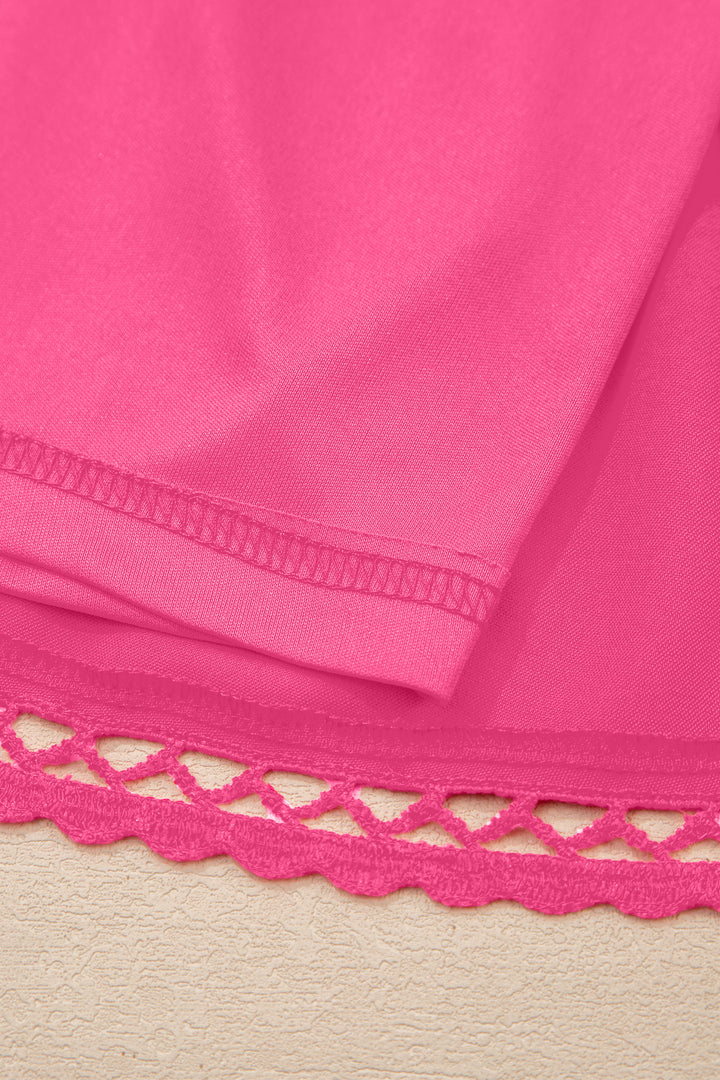 Rose Red Plus Size Frilled Elastic Waist Lace Trim Boho Ruffled Shorts