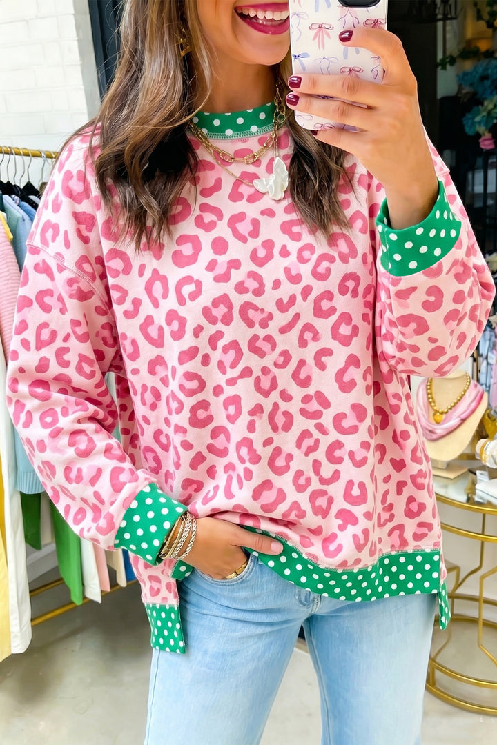 Leopard Polka Dot Color block Trim Long Sleeve Top