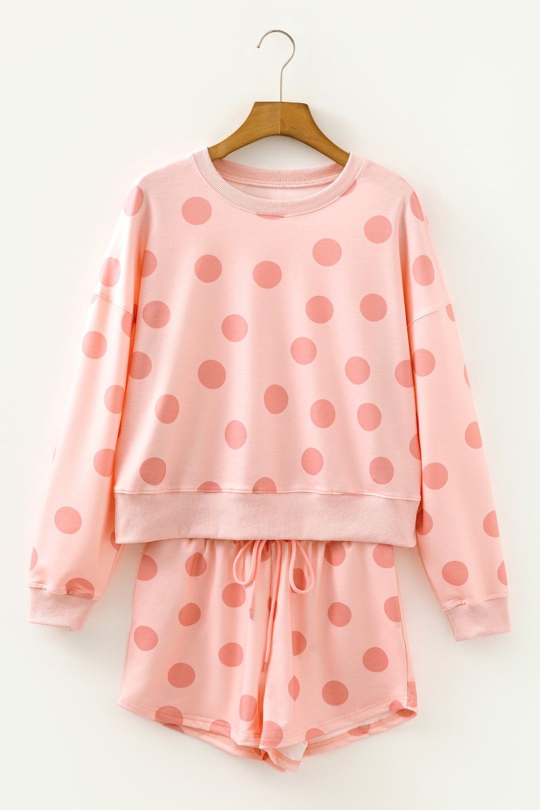 Polka Dot Print Drop Shoulder Pullover Drawstring Shorts Set