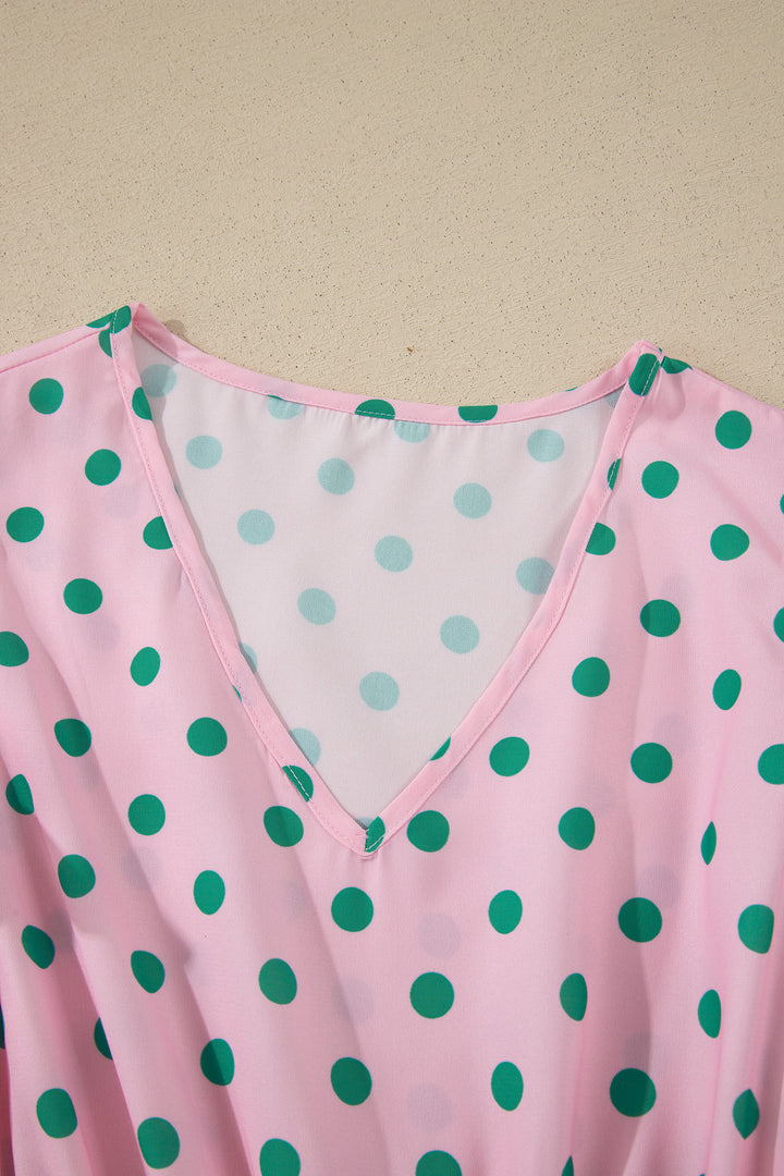 Pink V Neck Polka Dot Print Drawstring Tiered Babydoll Blouse