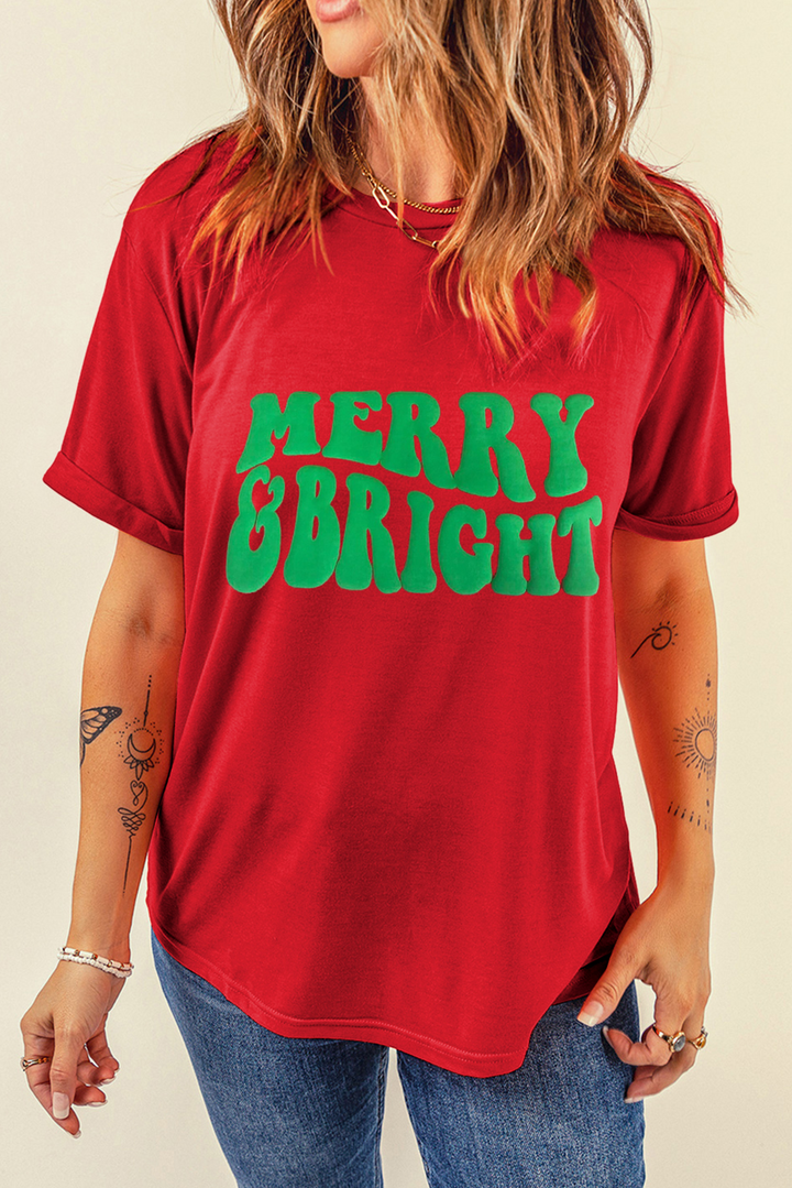 Red MERRY BRIGHT Crew Neck Graphic T Shirt