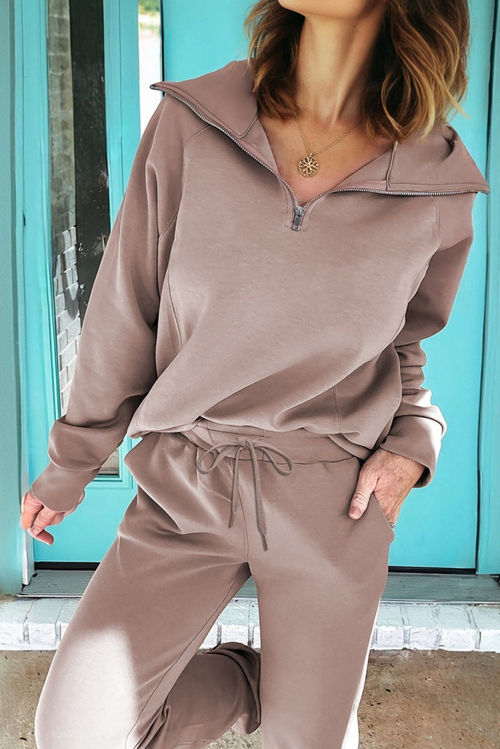Zip Collar Long Sleeve Top Drawstring Pants Set
