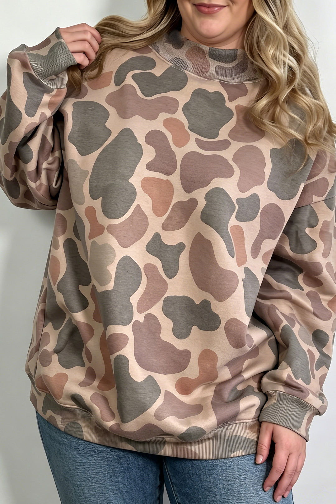 Multicolour Camo Print Ribbed Mock Neck Plus Size Sweatshirt