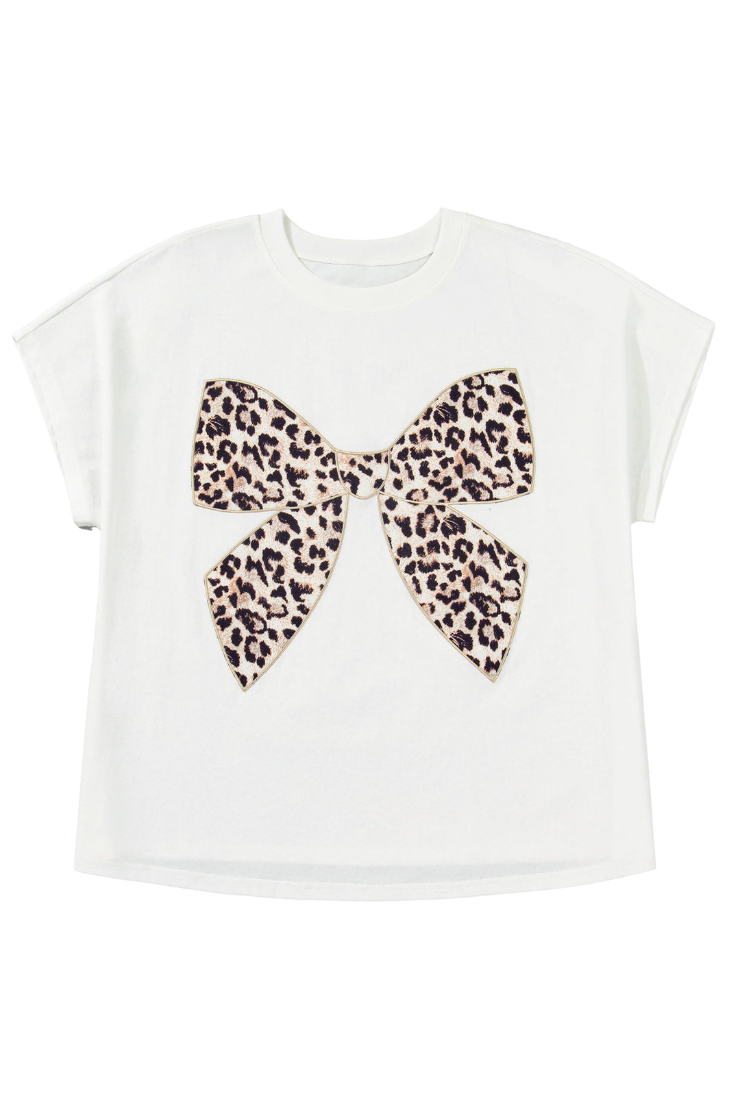 White Plus Size Leopard Bow Embroidered Patch Casual T Shirt