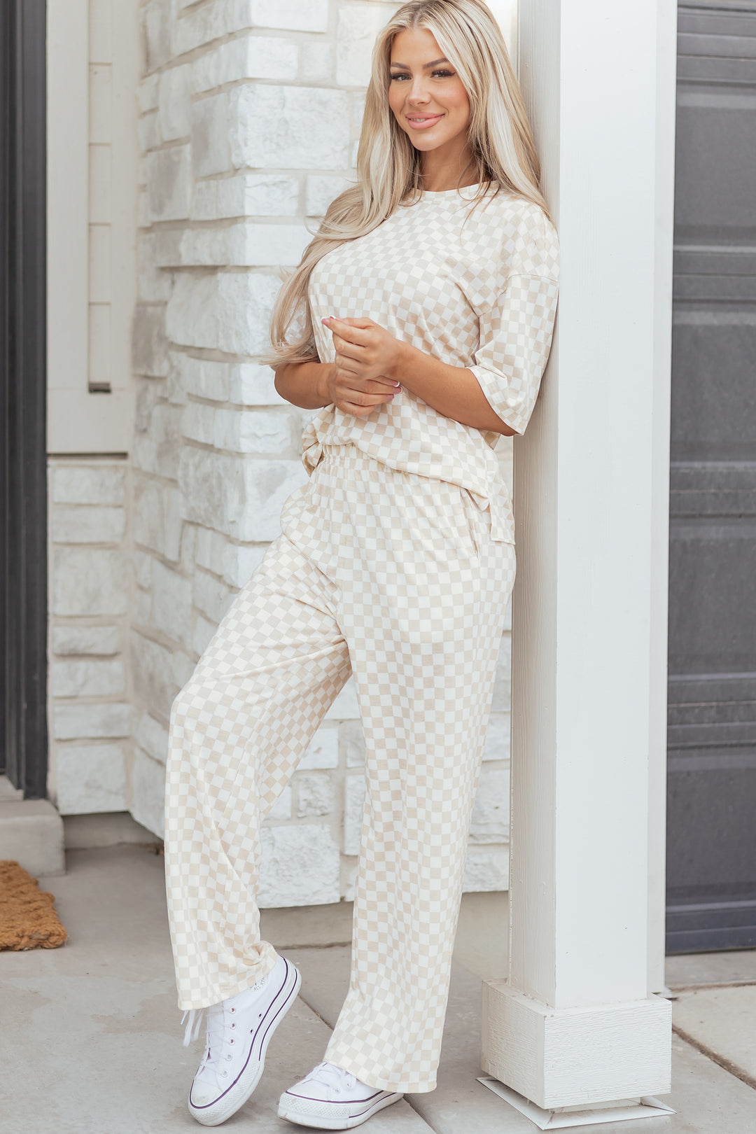 Checkered Print Half Sleeve Tee 2pcs Lounge Pant Set