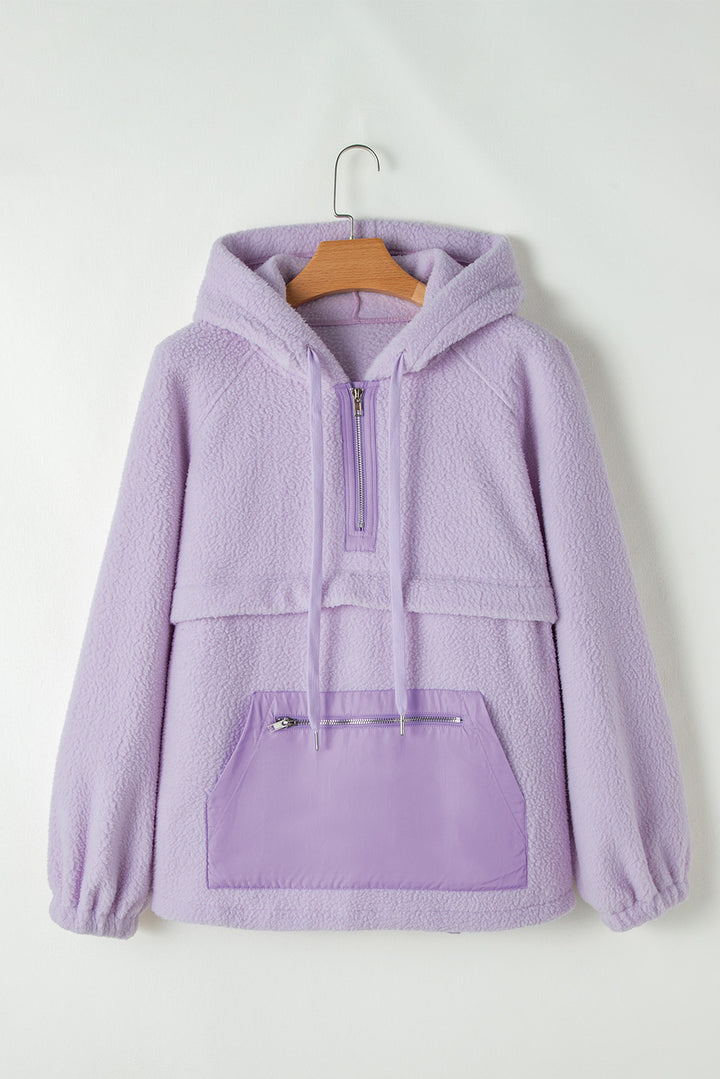 Lavender Zipped Patch Pocket Fuzzy Drawstring Hoodie