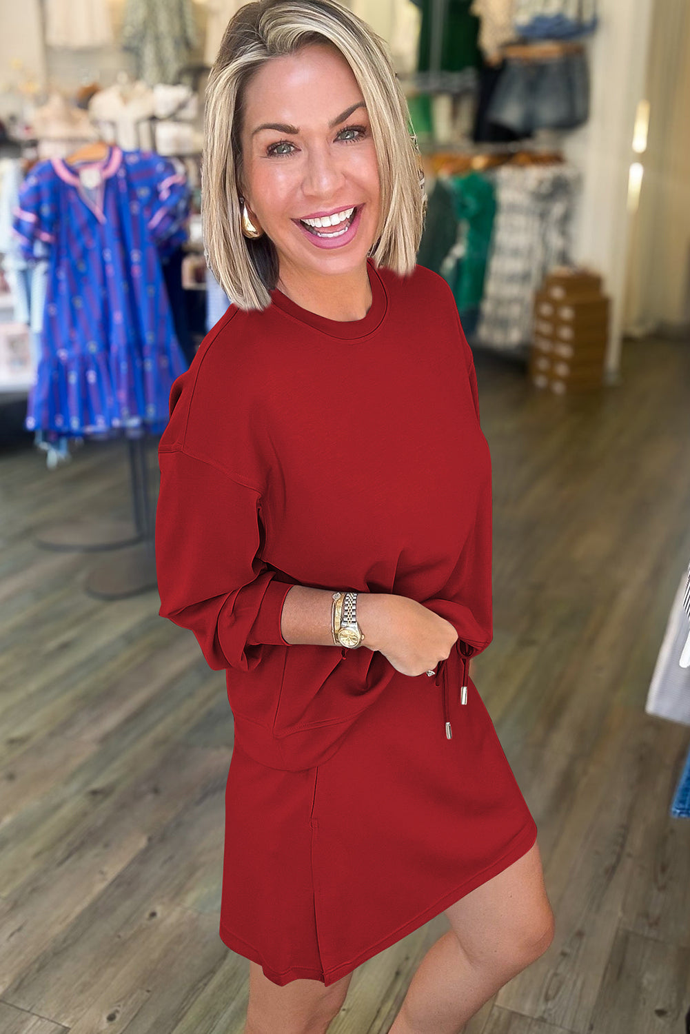 Solid Color Drop Shoulder Pullover Drawstring Mini Skirt 2pcs Outfit