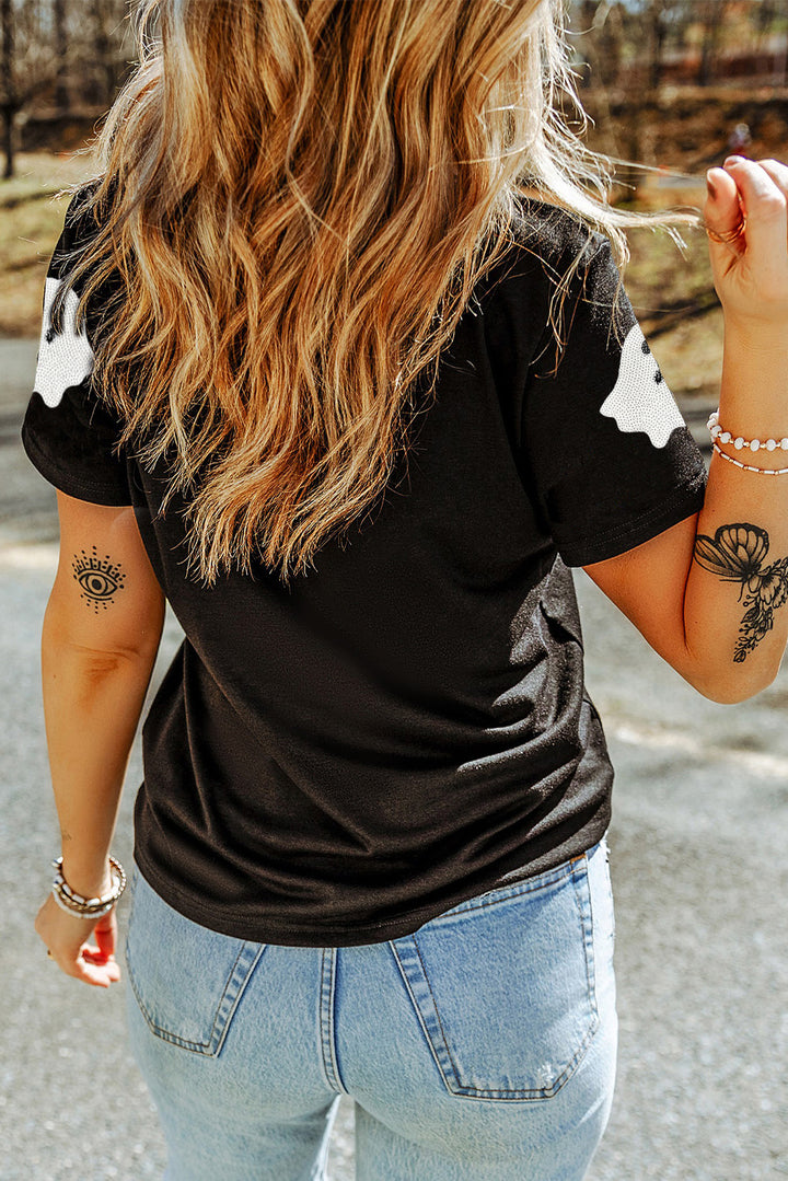 Sequin Halloween Ghost Patched Casual T Shirt