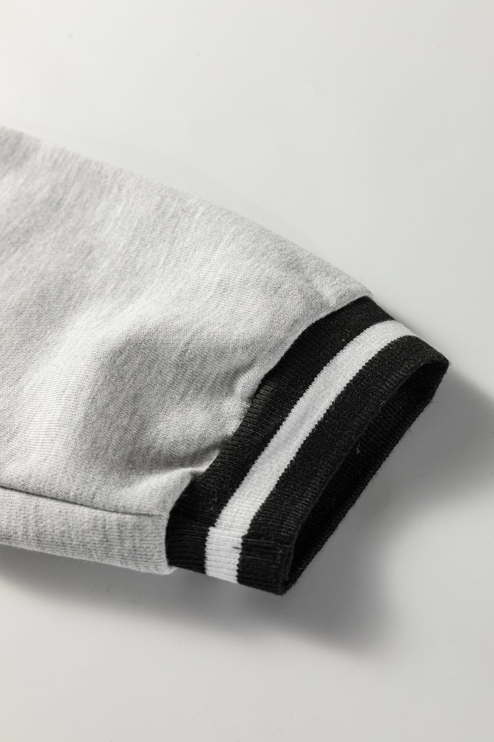 Light Grey Striped Trim V Neck Long Sleeve Preppy T Shirt Dress