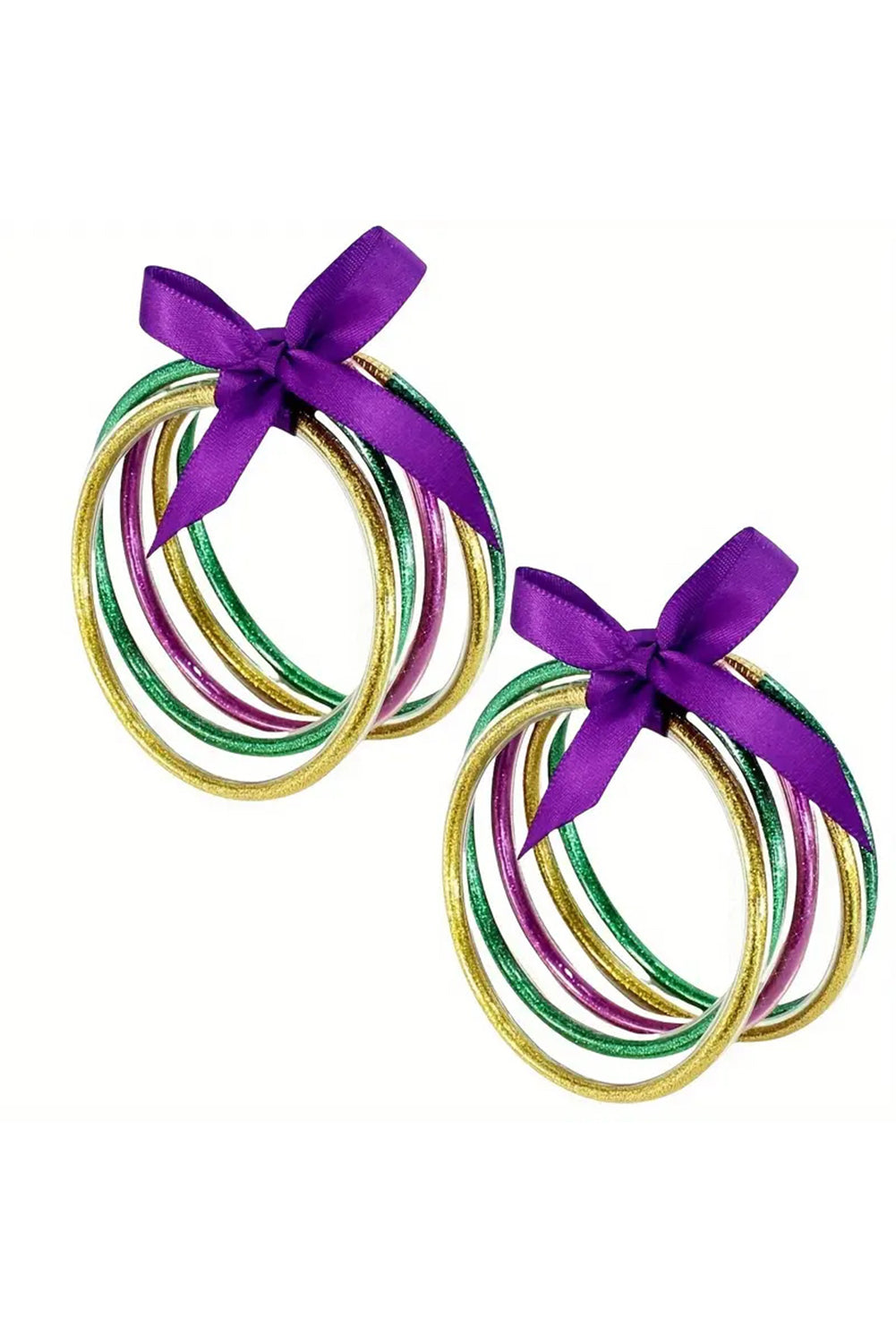 Mardi Gras Green 5pcs Glitter Jelly Bow Knot Ribbon Bracelet Set