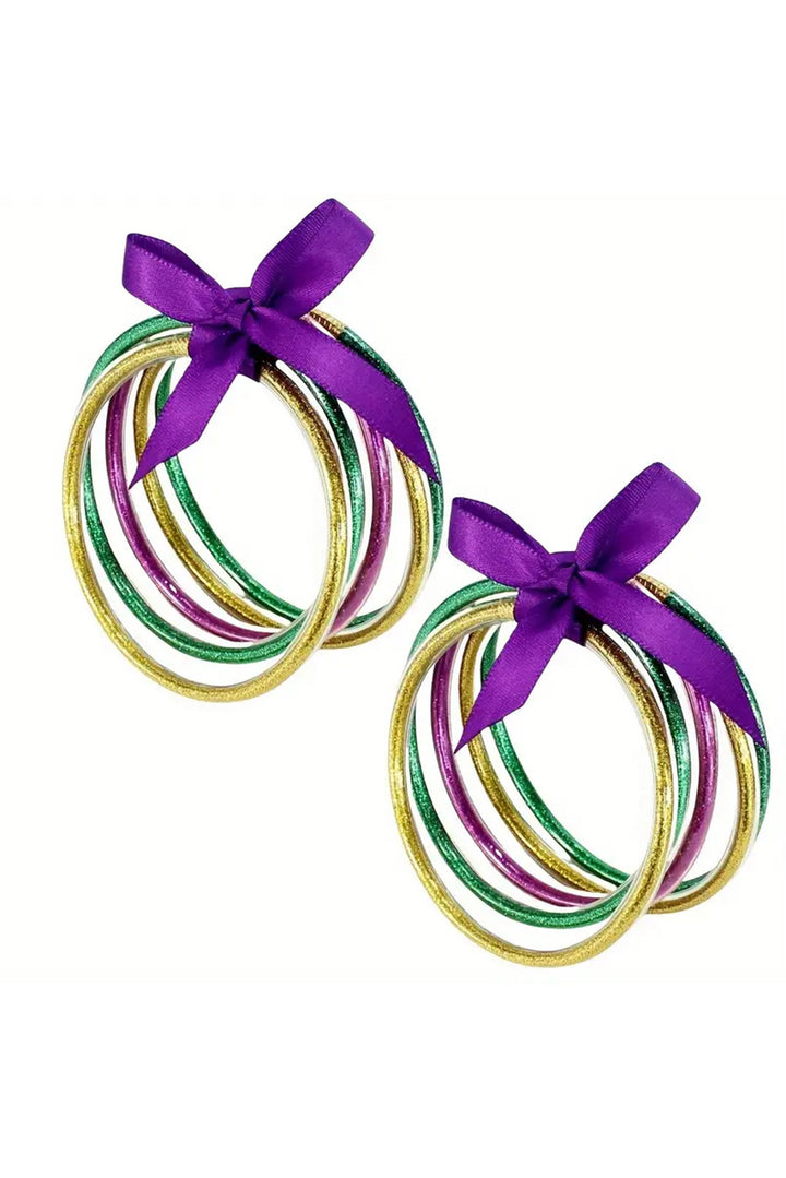 Mardi Gras Green 5pcs Glitter Jelly Bow Knot Ribbon Bracelet Set