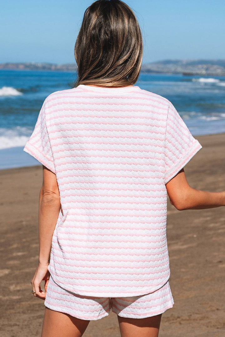 Back view of Pink Stripe Knitted Short Sleeve Top and Drawstring Shorts Set, casual summer outfit with textured knit design.