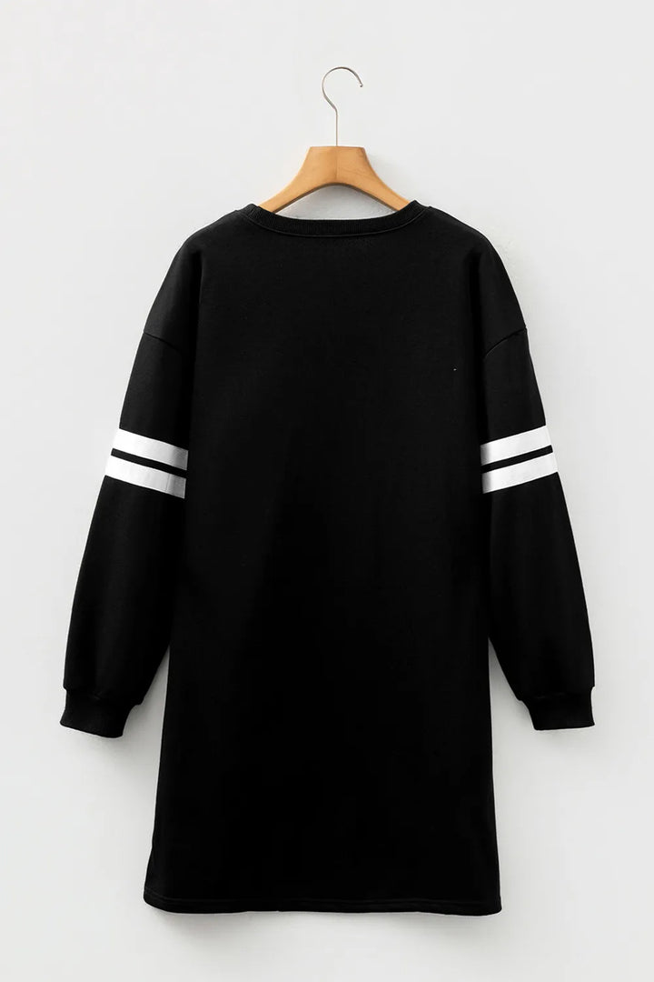 Black Sequin Ghost Graphic Varsity Striped Sleeve Halloween Sweatshirt Dress