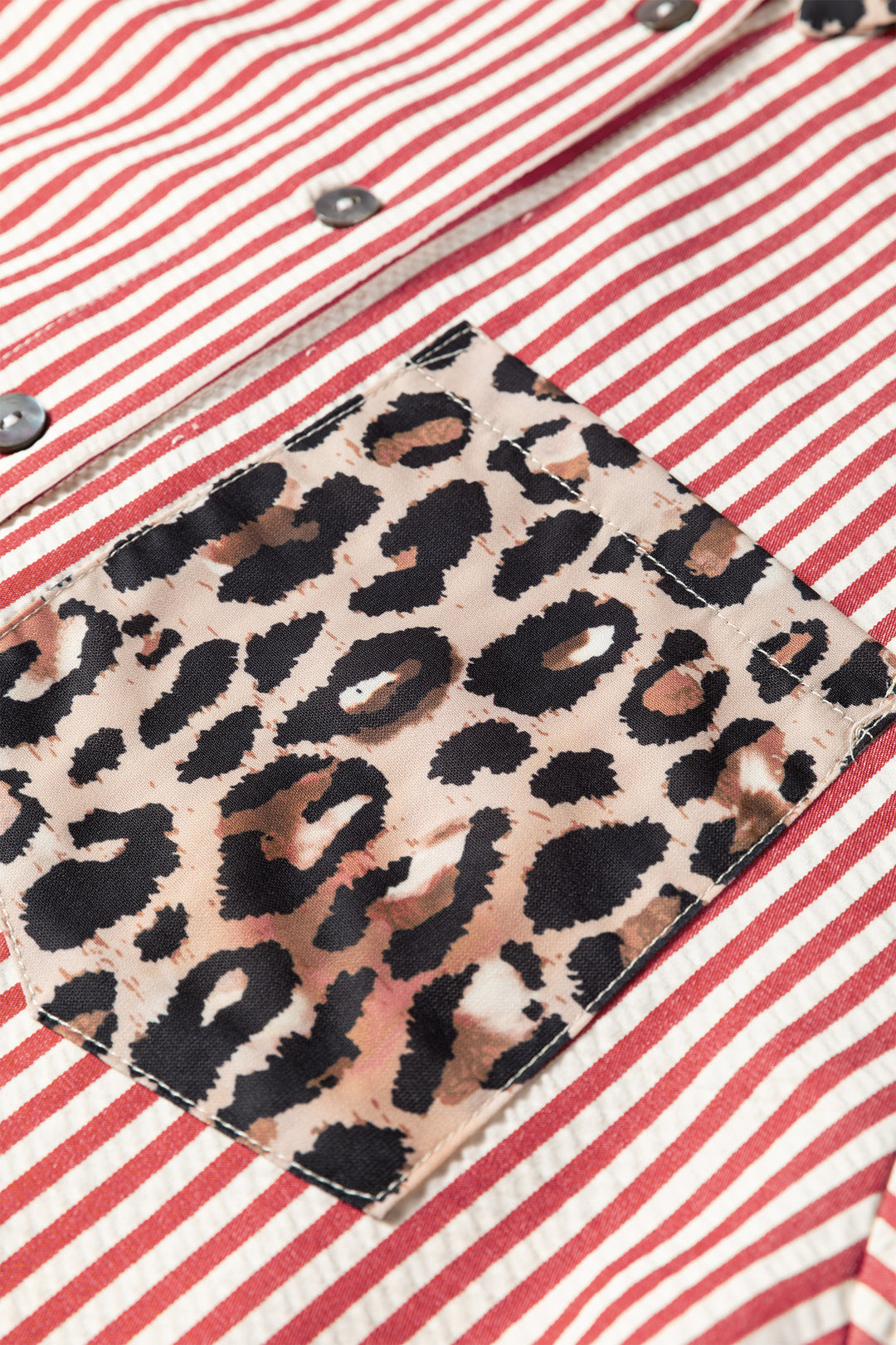 Red Striped Leopard Print Patchwork Button Up Women's Shirt