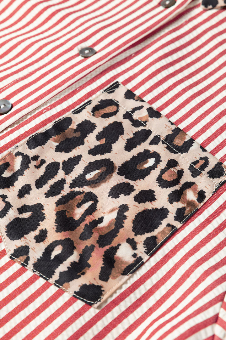 Red Striped Leopard Print Patchwork Button Up Women's Shirt