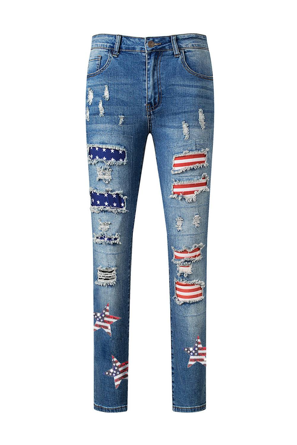 a pair of ripped jeans with american flags on them