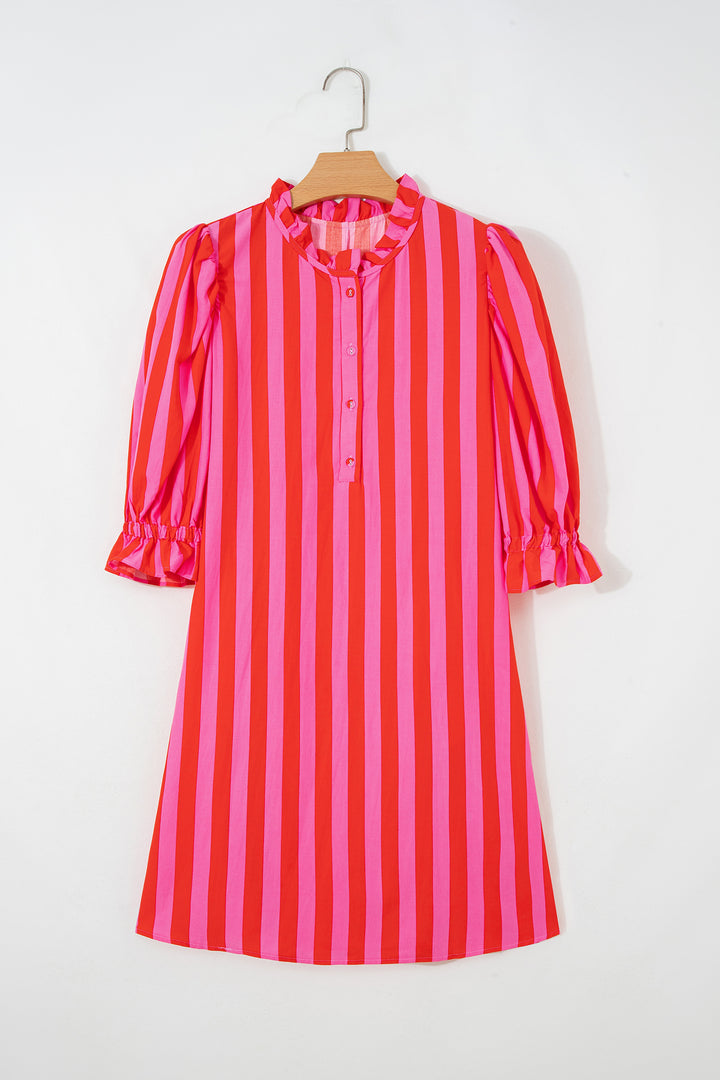 Stripe Half Button Puff Sleeve Loose Mini Dress