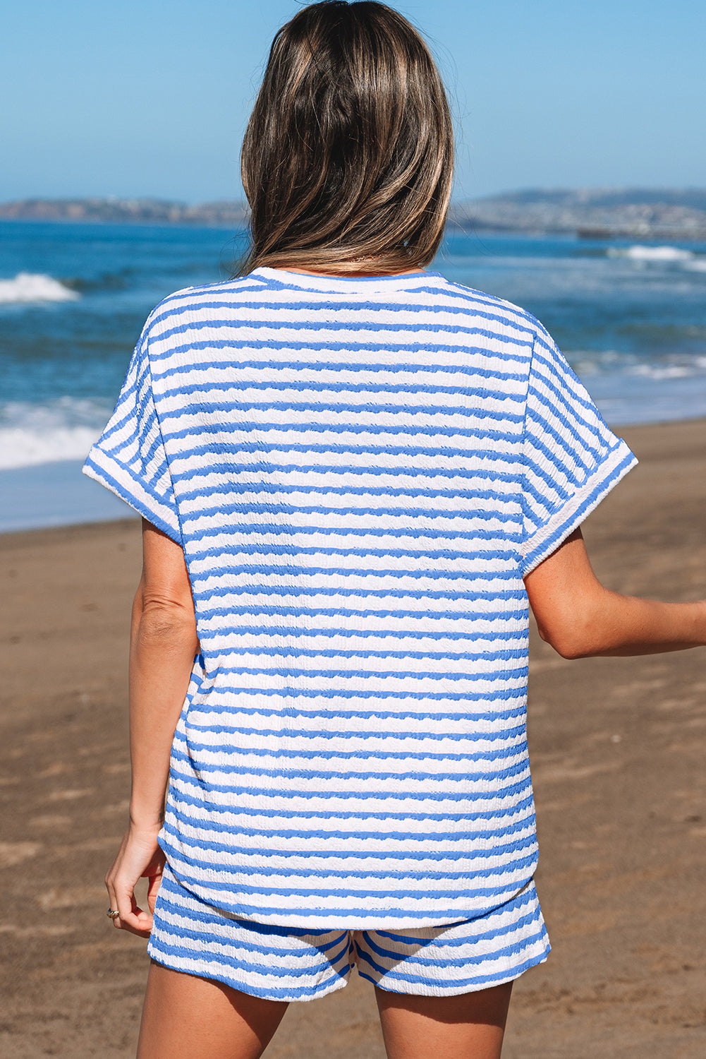 Stripe Knitted Short Sleeve Top and Drawstring Shorts Set