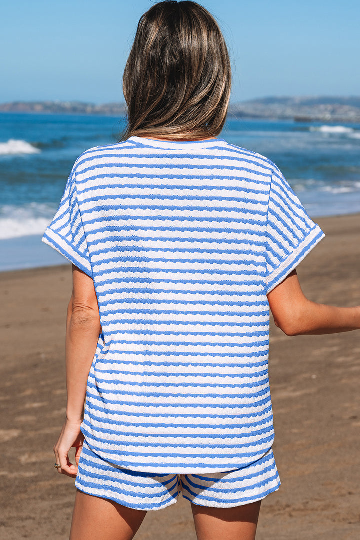 Stripe Knitted Short Sleeve Top and Drawstring Shorts Set