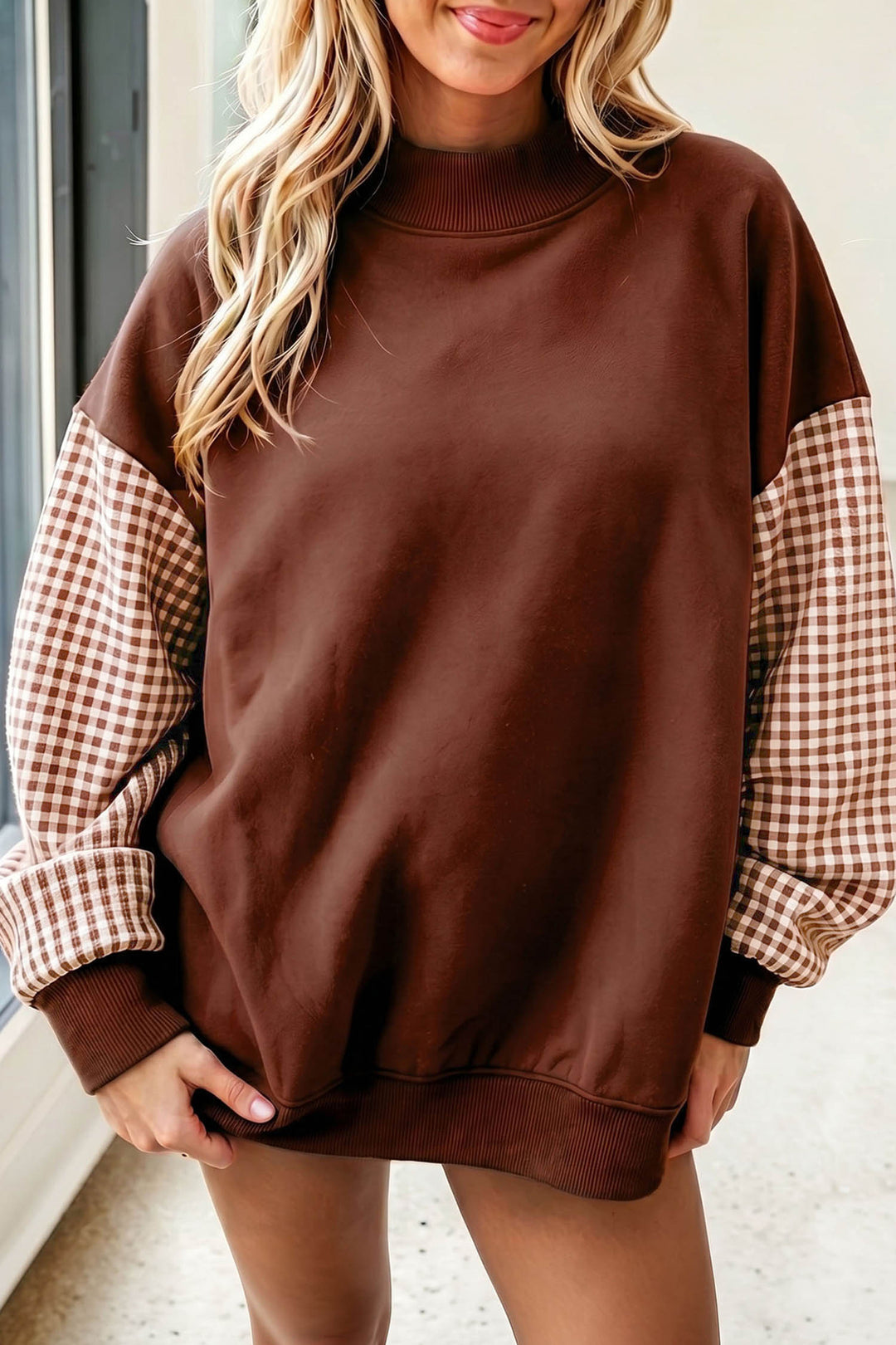 Plaid Sleeve Color block Loose Tunic Sweatshirt
