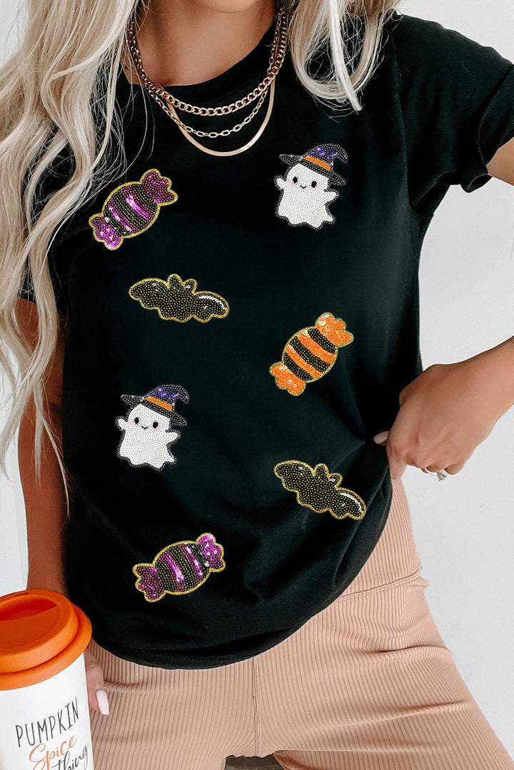 Sequined Halloween Spirit Pattern Patched Custom Casual Tee