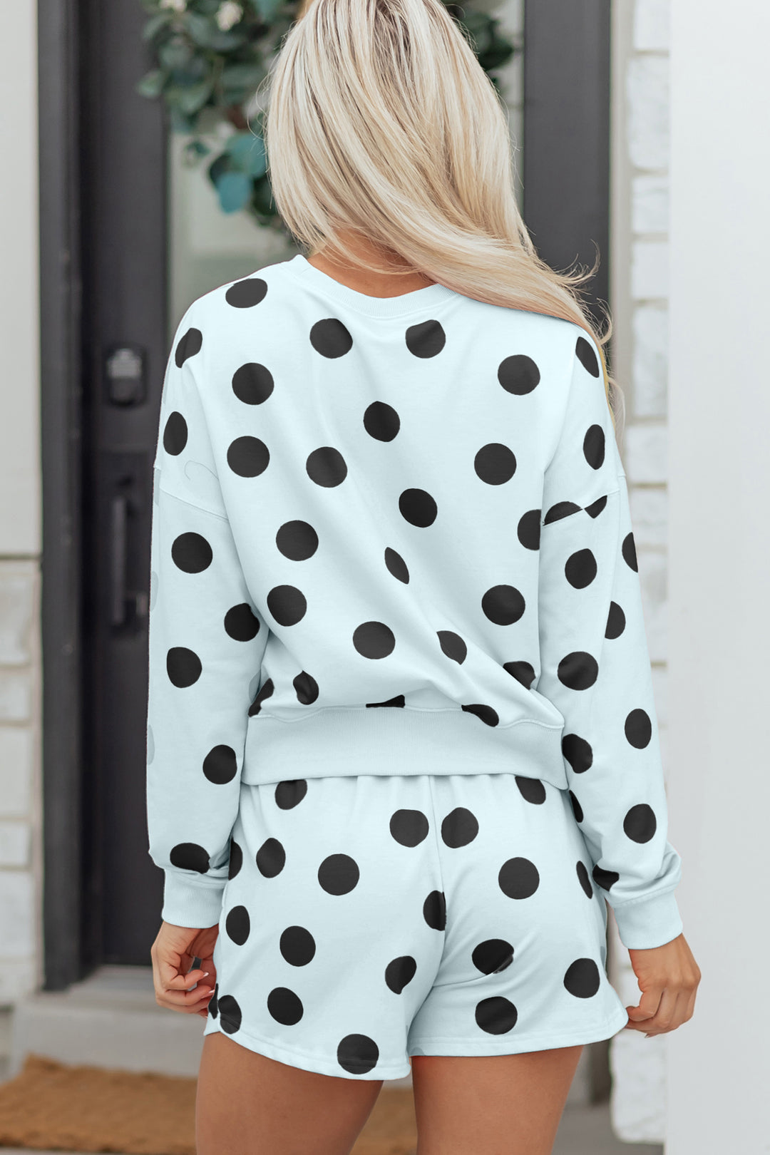 Polka Dot Print Drop Shoulder Pullover Drawstring Shorts Set