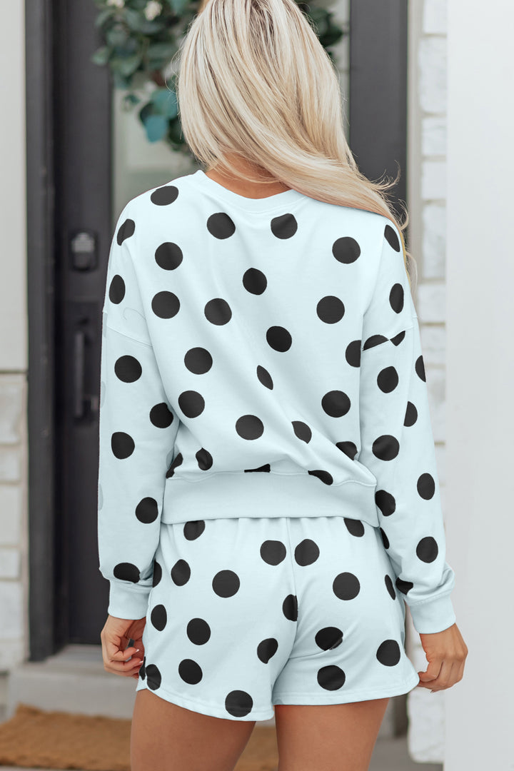Polka Dot Print Drop Shoulder Pullover Drawstring Shorts Set