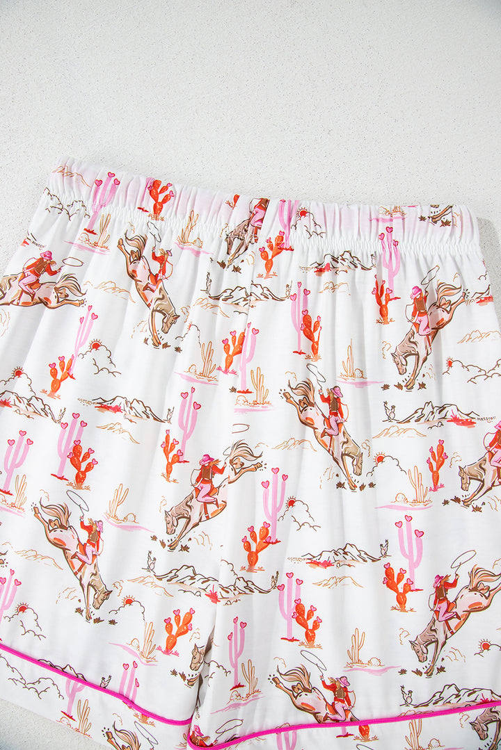 Detail of bright pink drawstring on shorts from White Cowgirl Country Print Pajamas Set. Shop White Cowgirl Country Print Pajamas Set at Faith & Co. Boutique.