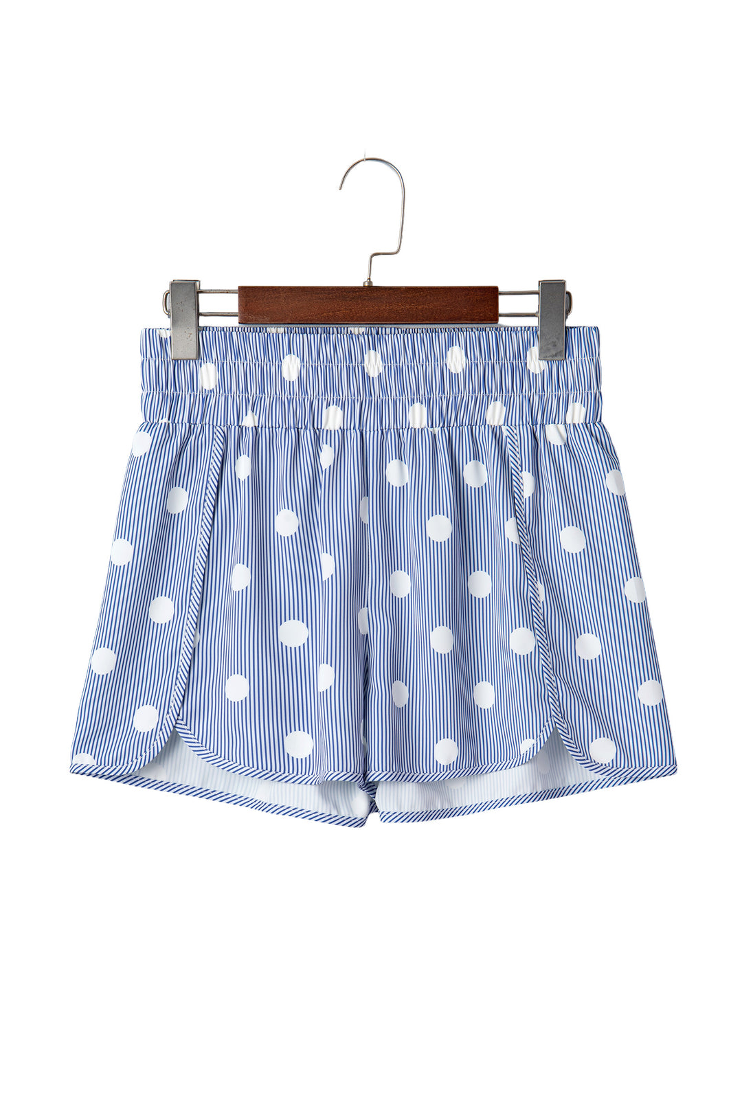 Sky Blue Polka Dot Print Shirred High Waist Casual Shorts