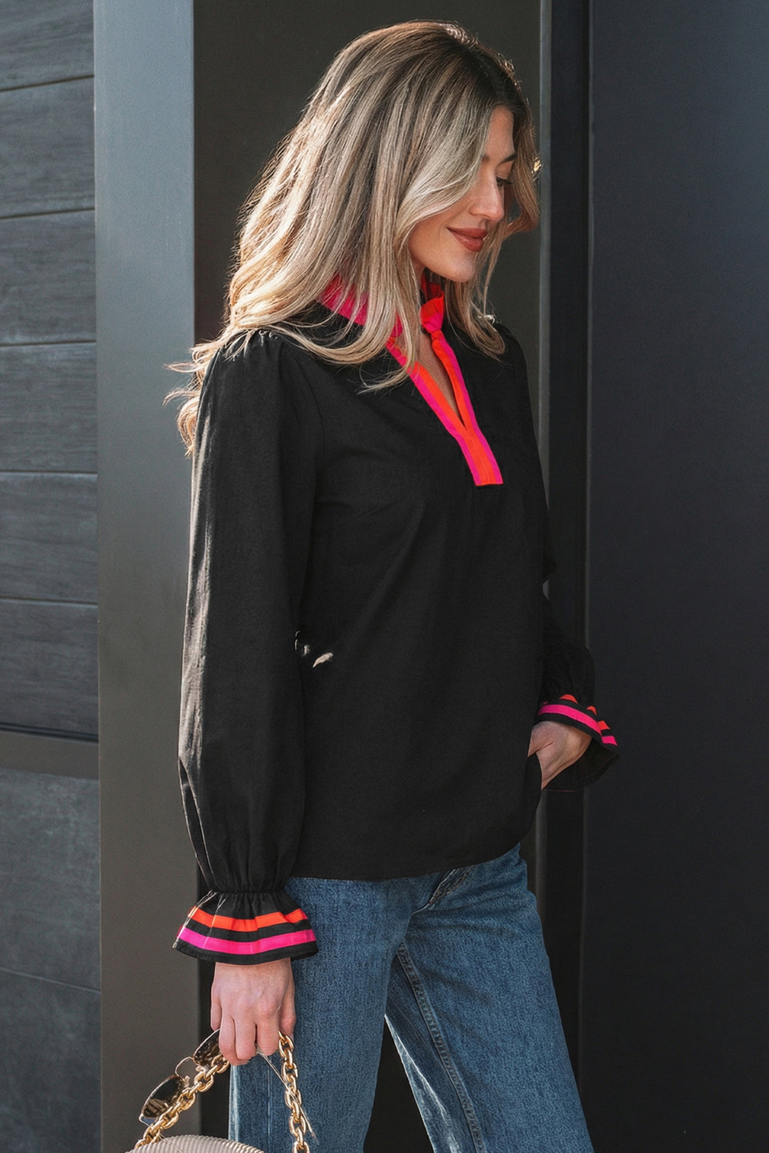 Black Striped Trim Ruffle Split Neck Long Sleeve Blouse