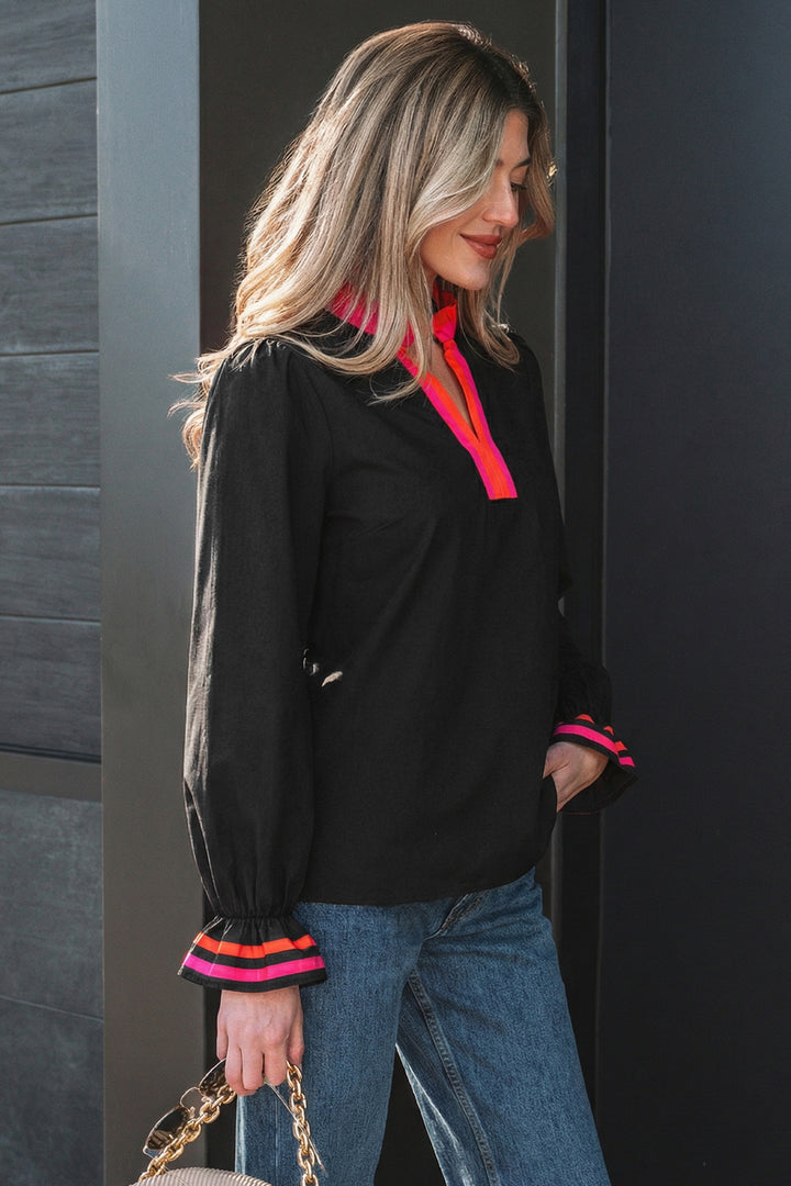 Black Striped Trim Ruffle Split Neck Long Sleeve Blouse