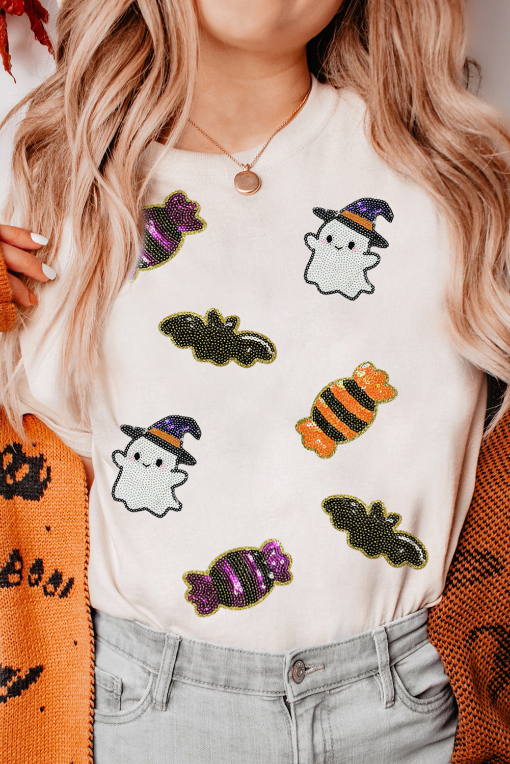 Sequined Halloween Spirit Pattern Patched Custom Casual Tee