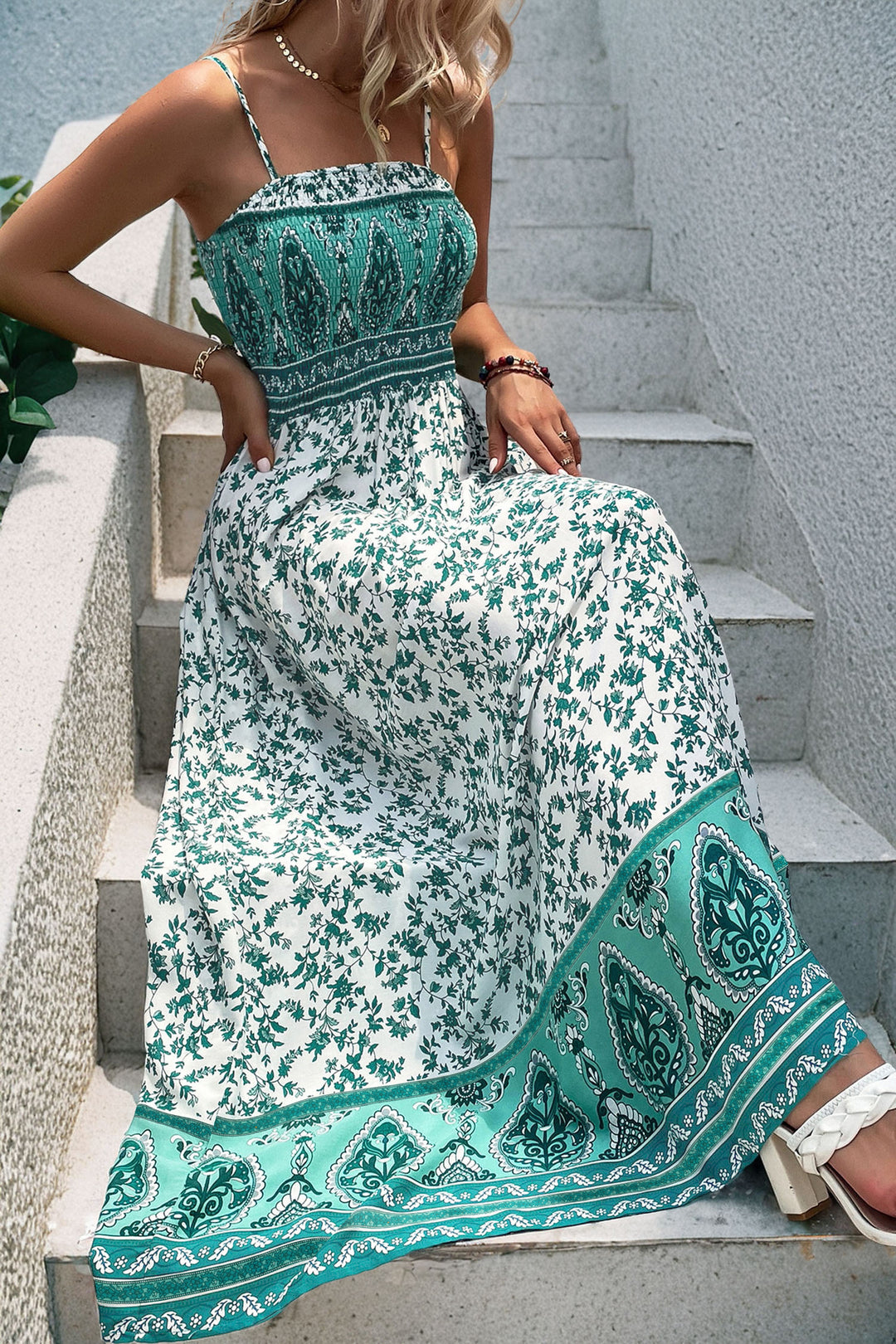 Floral Boho Shirred Cami Maxi Dress Green / L Floral Boho Shirred Cami Maxi Dress Green / L
