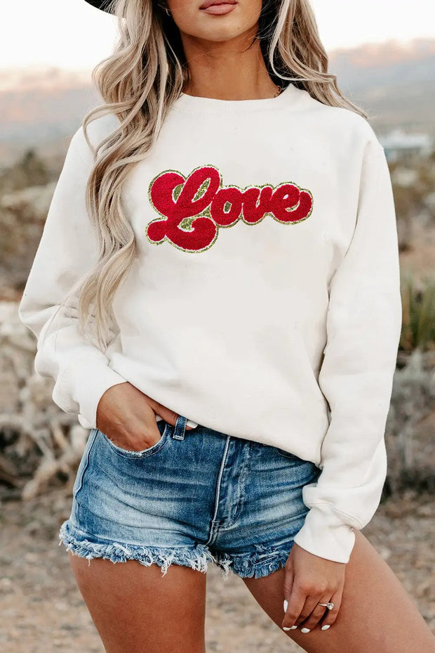 Beige Love Letter Chenille Embroidered Graphic Sweatshirt - Beige / 2XL