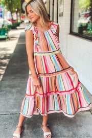Pink Rainbow Stripe Ruffles Ruched Tiered Dress -