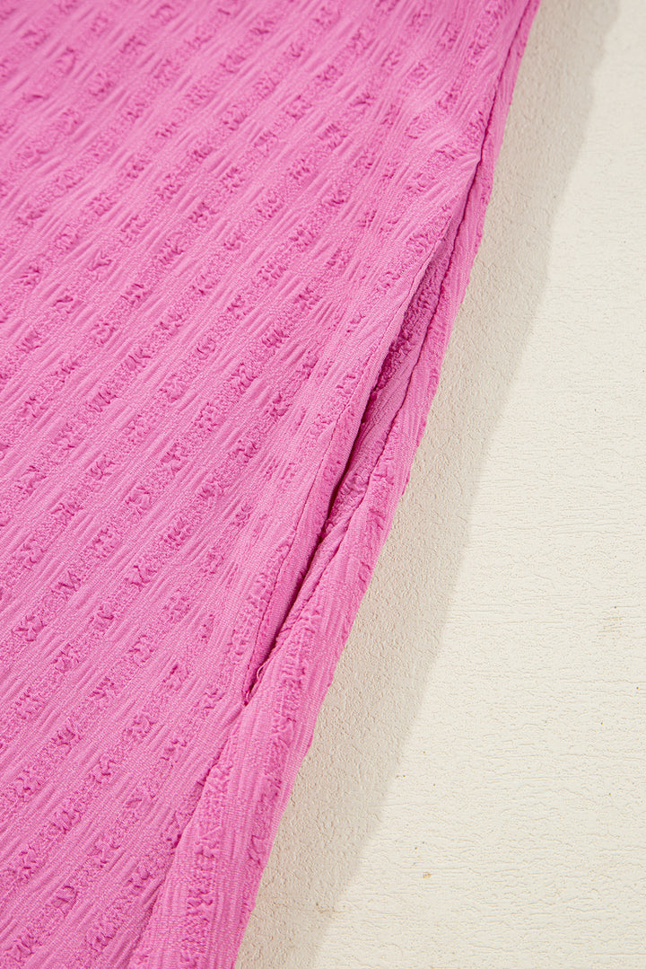 Sachet Pink Plus Size Textured Tie Split Neck Puff Sleeve Flowy Mini Dress