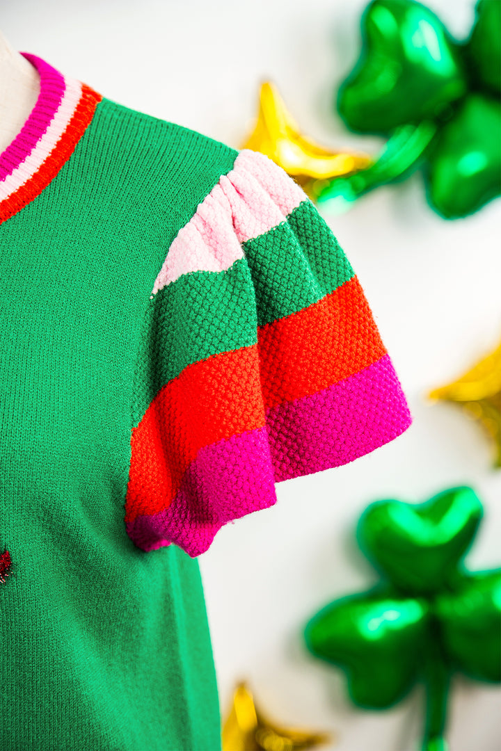 Bright Green Shiny Lucky Striped Flutter Sleeve Round Neck Sweater