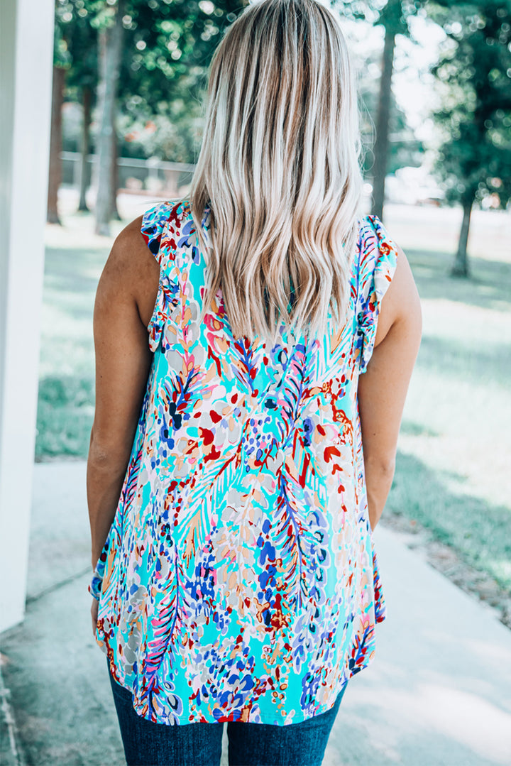 Rose Floral Print Tank Top with Ruffles