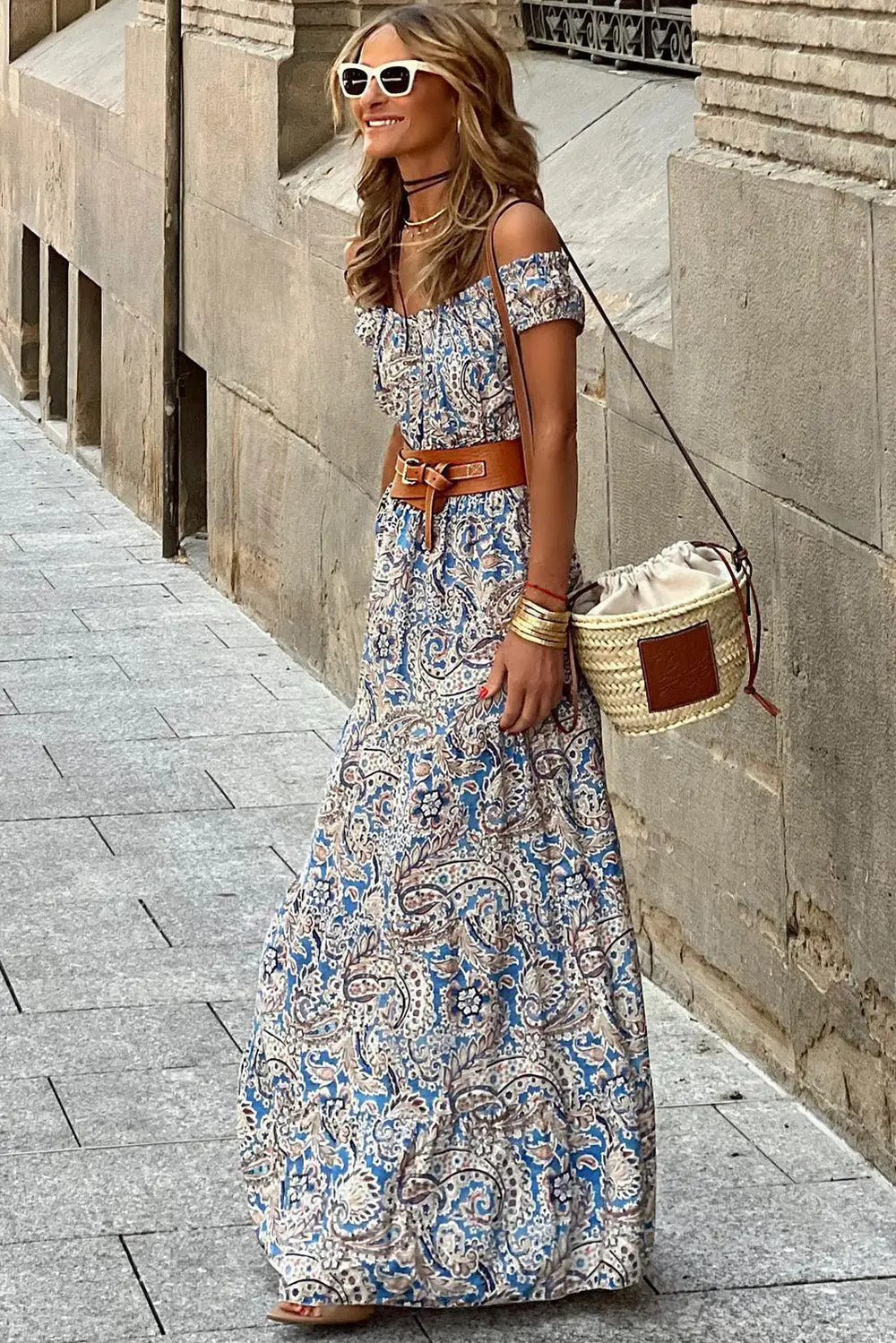 Blue Boho Paisley Print Off Shoulder Maxi Dress -