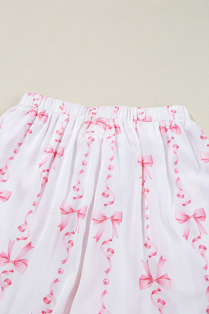 Pink Satin Bow Bell Sleeve Shirt and Ruffled Shorts Pajama Set