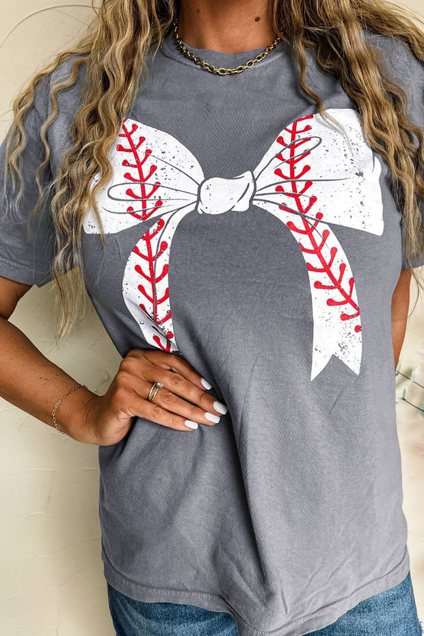 Gray Casual Baseball Bowknot Graphic Roll Up Sleeve Tee - Gray / S