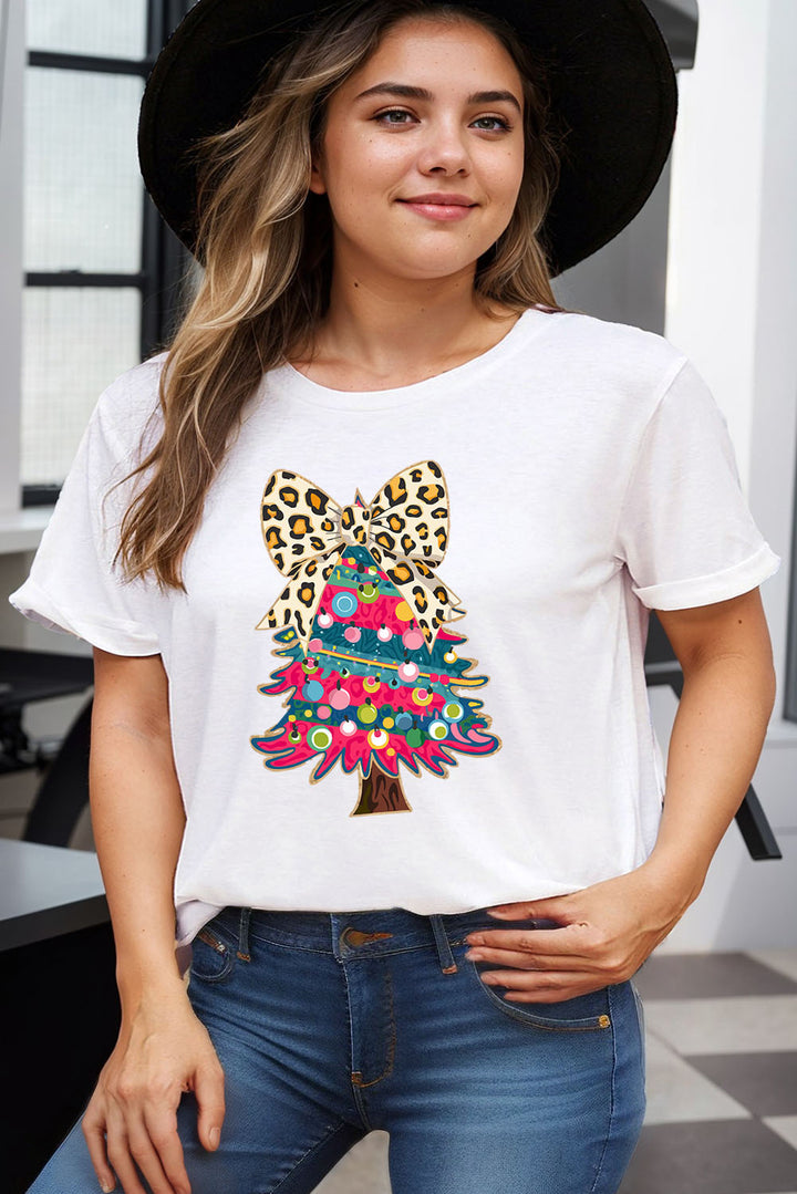 Leopard Bow Christmas Tree Printed Plus Size T Shirt