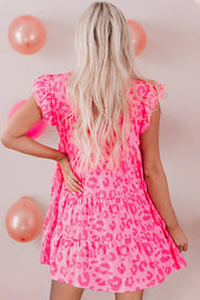 Pink Leopard Round Neck Ruffle Tiered Mini Dress -