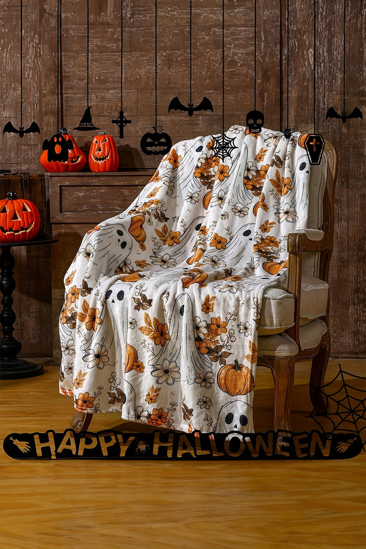 Orange Halloween Ghost Pumpkin Flower Throw Blanket