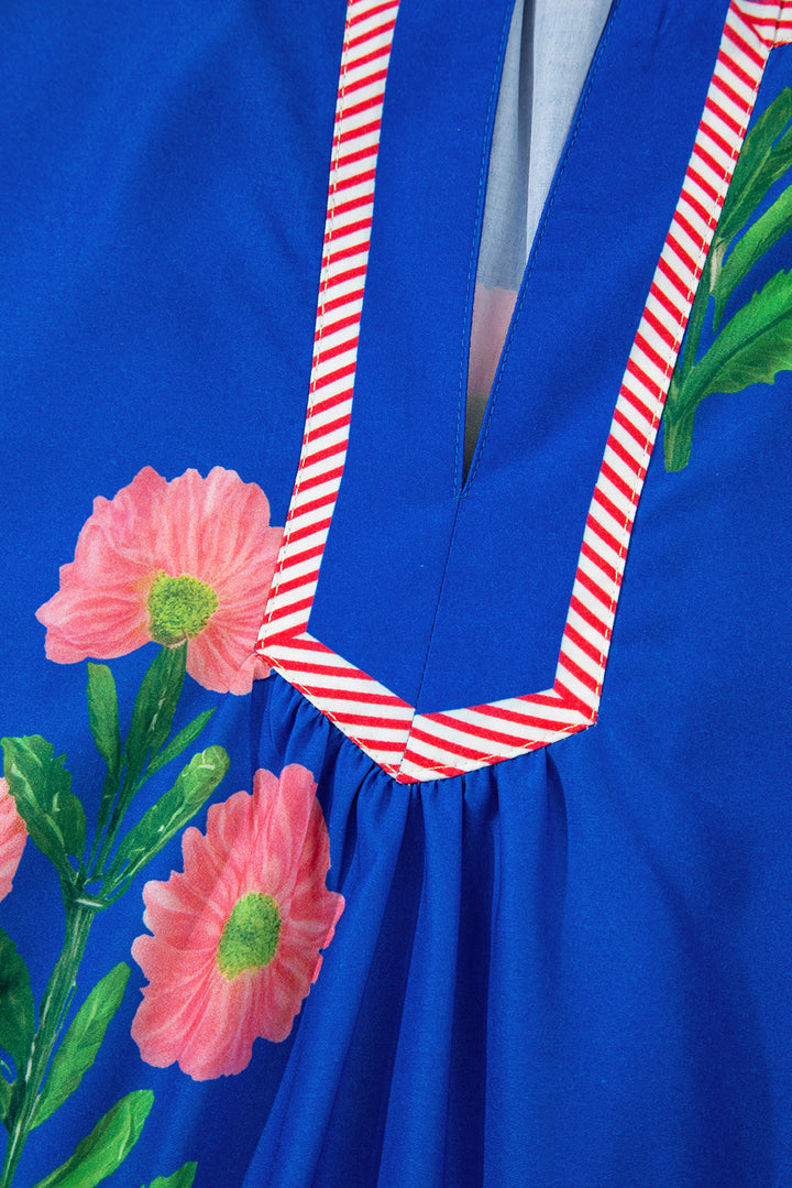 Floral Short Sleeve Split Neck Loose Mini Dress