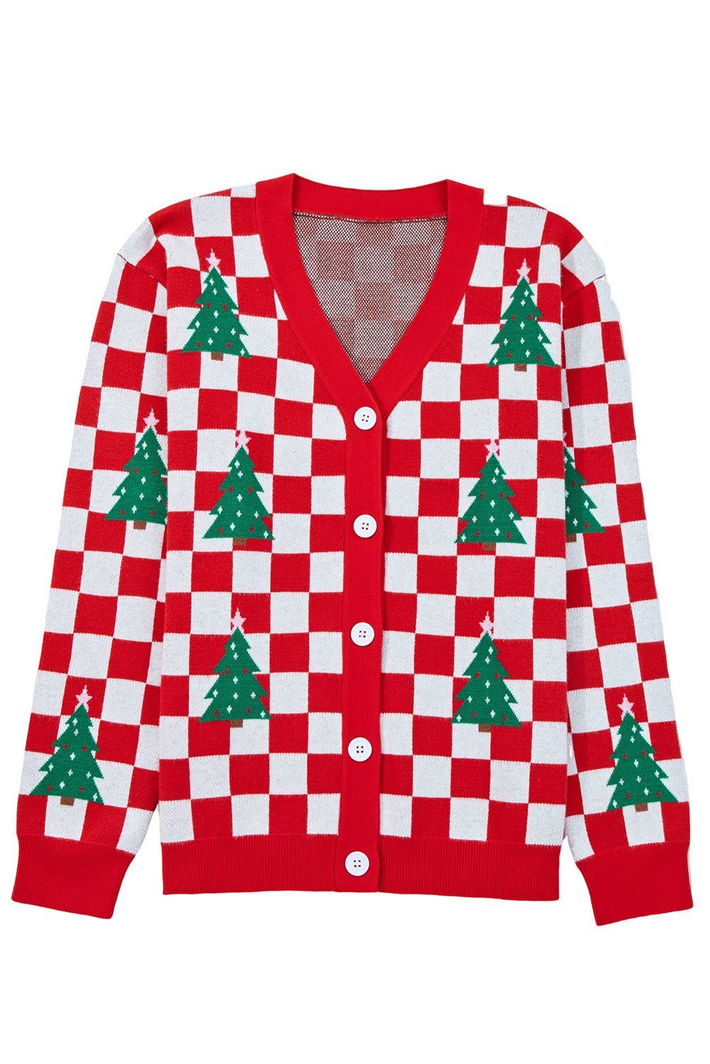 Checkered Christmas Tree Pattern Button V Neck Cardigan Sweater