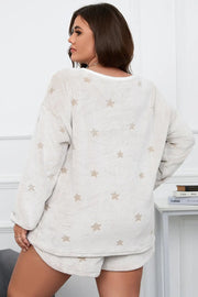 White Plus Size Plush Star Pattern Top and Shorts Set -